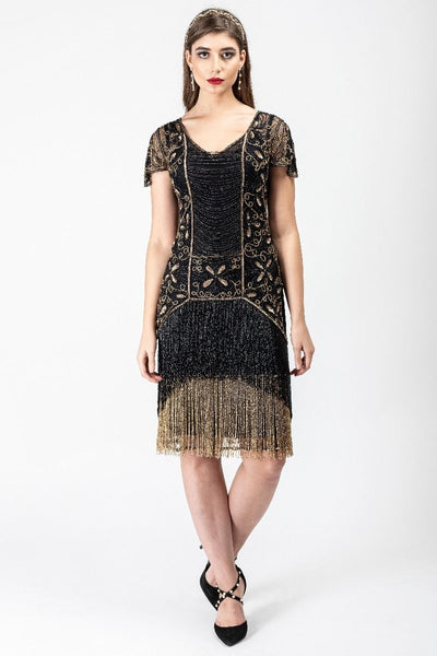 Edith Flapper Style Fringe Dress in Black Gold