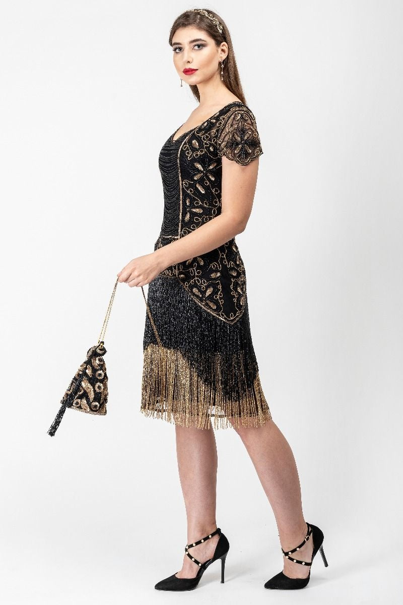 Edith Flapper Style Fringe Dress in Black Gold