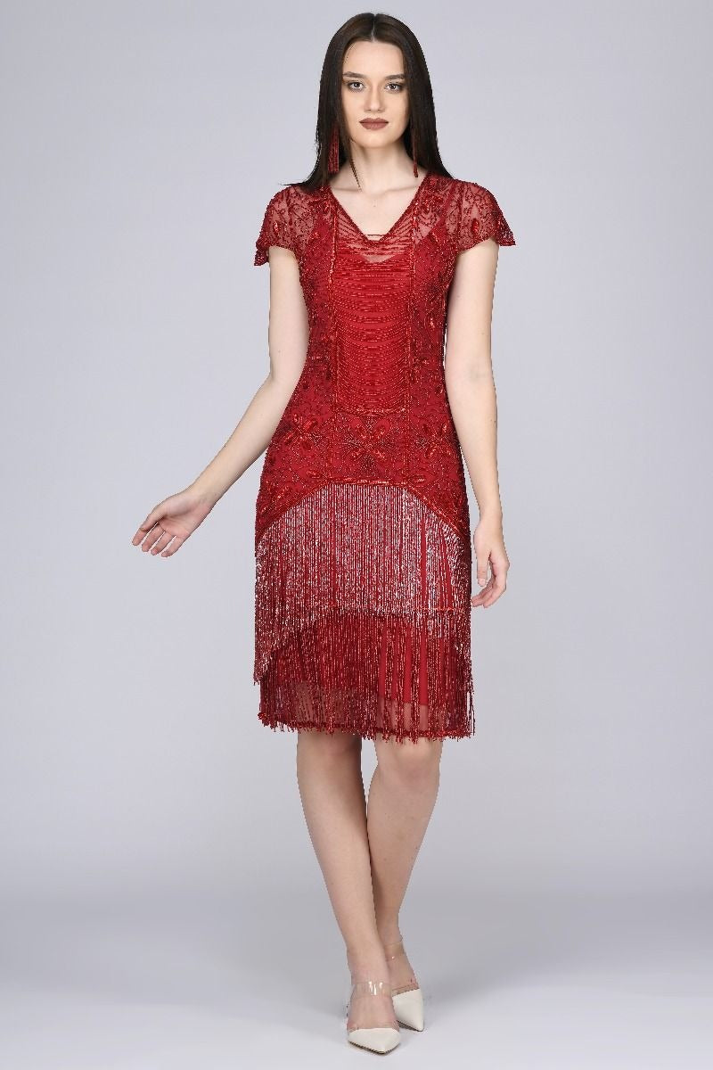 Edith Flapper Style Fringe Dress in Red