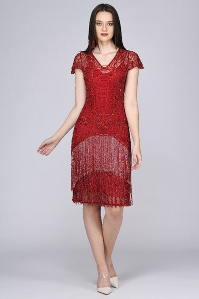 Edith Flapper Style Fringe Dress in Red