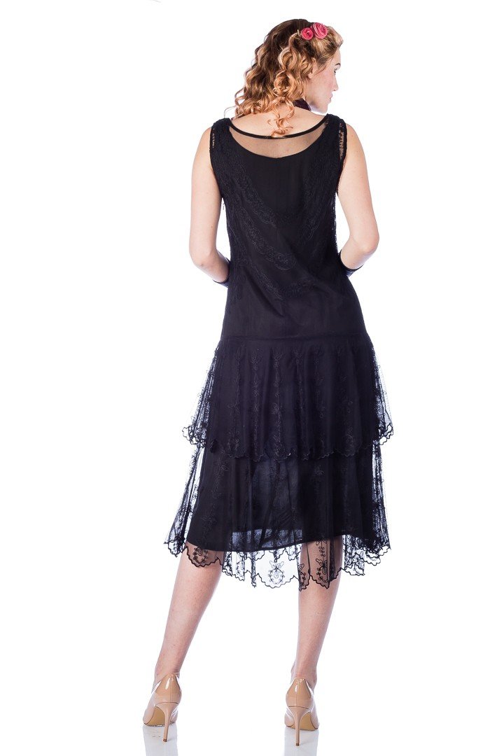 1920s black lace dress Vintage 1920's Embroidered Black Sheer Mixed-Lace Beaded Art Deco Motif  Dress main image 0