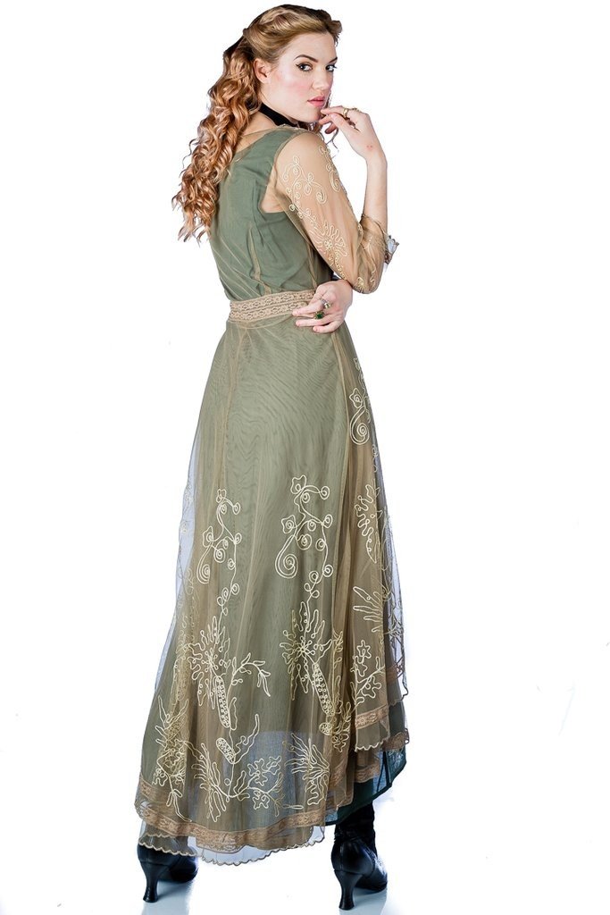 open lace back dress 1920s Downton Abbey dress in nude with sweetheart neckline main image 1