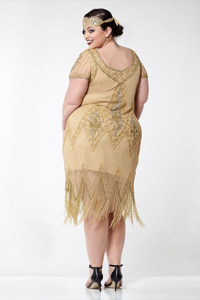 Flapper Style Fringe Party Dress in Antique Gold By Gatsby Lady