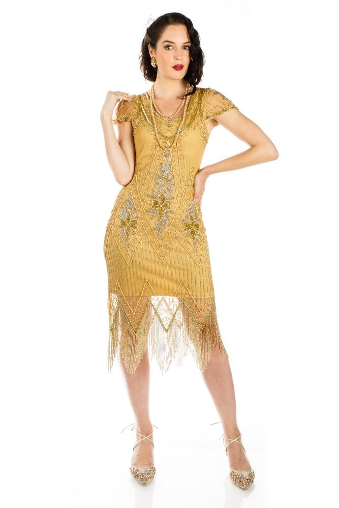 Flapper Style Fringe Party Dress in Antique Gold By Gatsby Lady