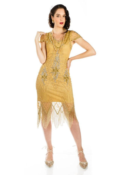 Flapper Style Fringe Party Dress in Antique Gold By Gatsby Lady