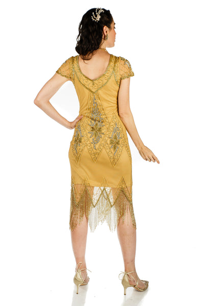 Flapper Style Fringe Party Dress in Antique Gold By Gatsby Lady