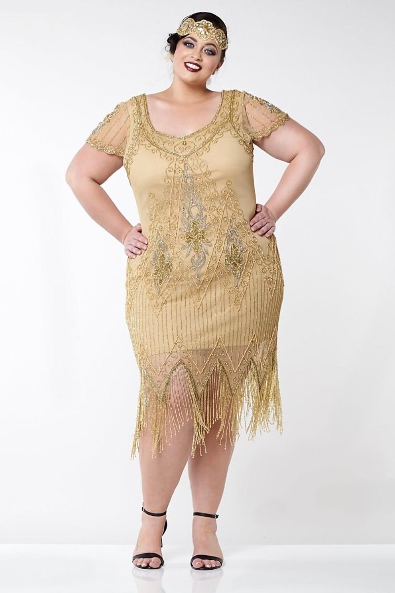 Flapper Style Fringe Party Dress in Antique Gold By Gatsby Lady