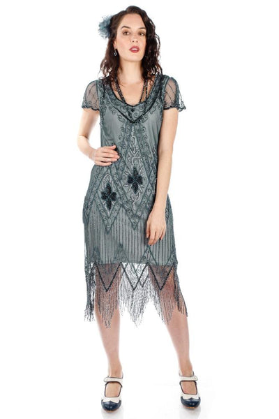 Flapper Style Fringe Party Dress in Blue Grey By Gatsby Lady