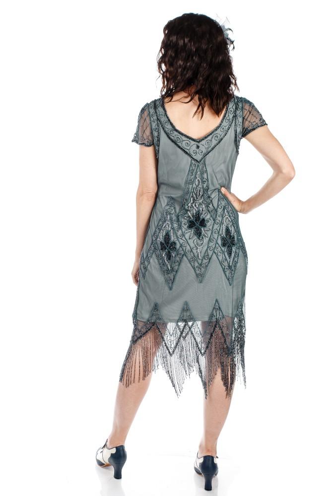 Flapper Style Fringe Party Dress in Blue Grey By Gatsby Lady
