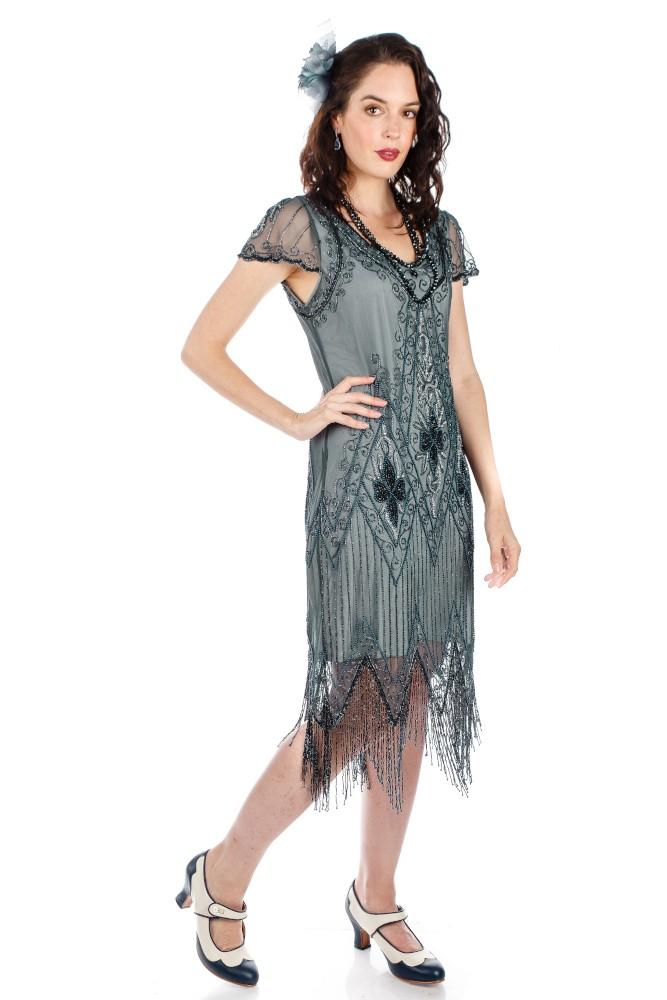 Flapper Style Fringe Party Dress in Blue Grey By Gatsby Lady