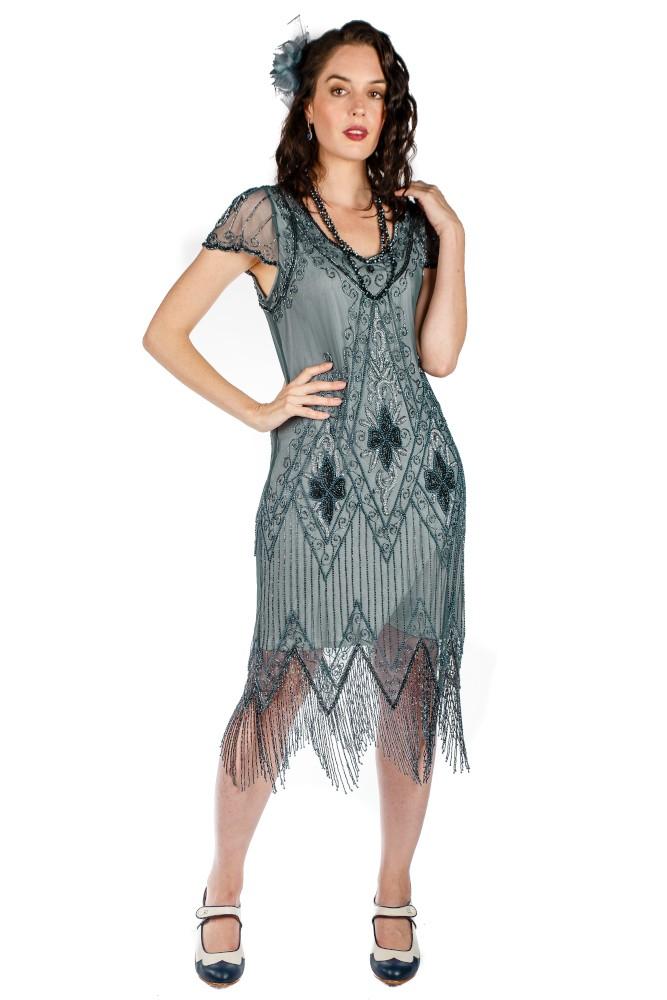 Flapper Style Fringe Party Dress in Blue Grey By Gatsby Lady