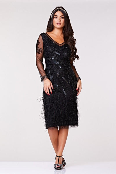 Ivy 1920s Feather Embellished Dress in Black