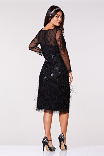 Ivy 1920s Feather Embellished Dress in Black