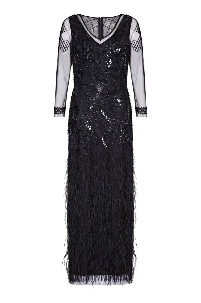 Corinne Feather Embellished Maxi Dress in Black