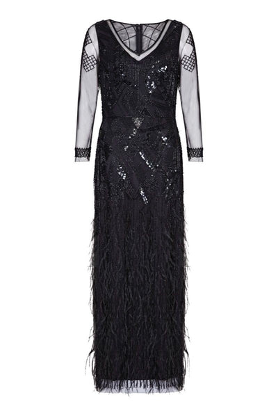 Corinne Feather Embellished Maxi Dress in Black