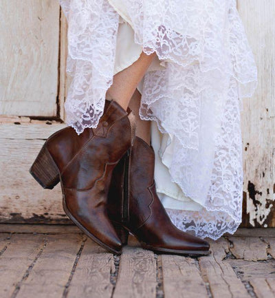 Baila Leather Ankle Cowgirl Boots in Teak Rustic