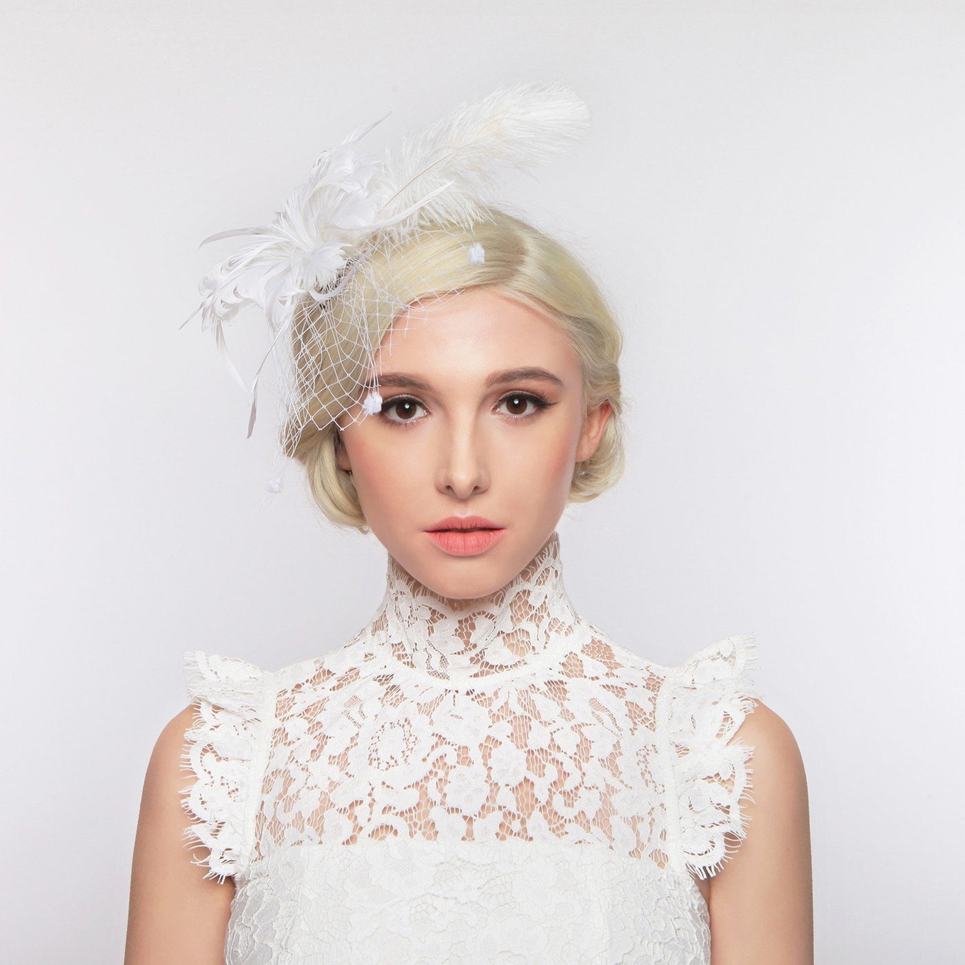 1920s Style Long Feather Fascinator in White