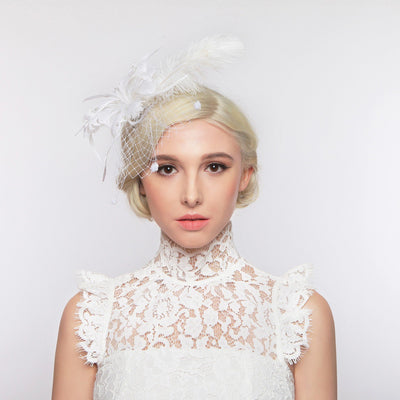 1920s Style Long Feather Fascinator in White