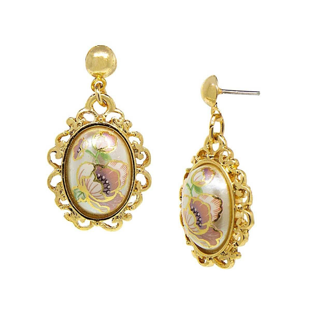 Downton Abbey Flower Decal Oval Drop Earrings