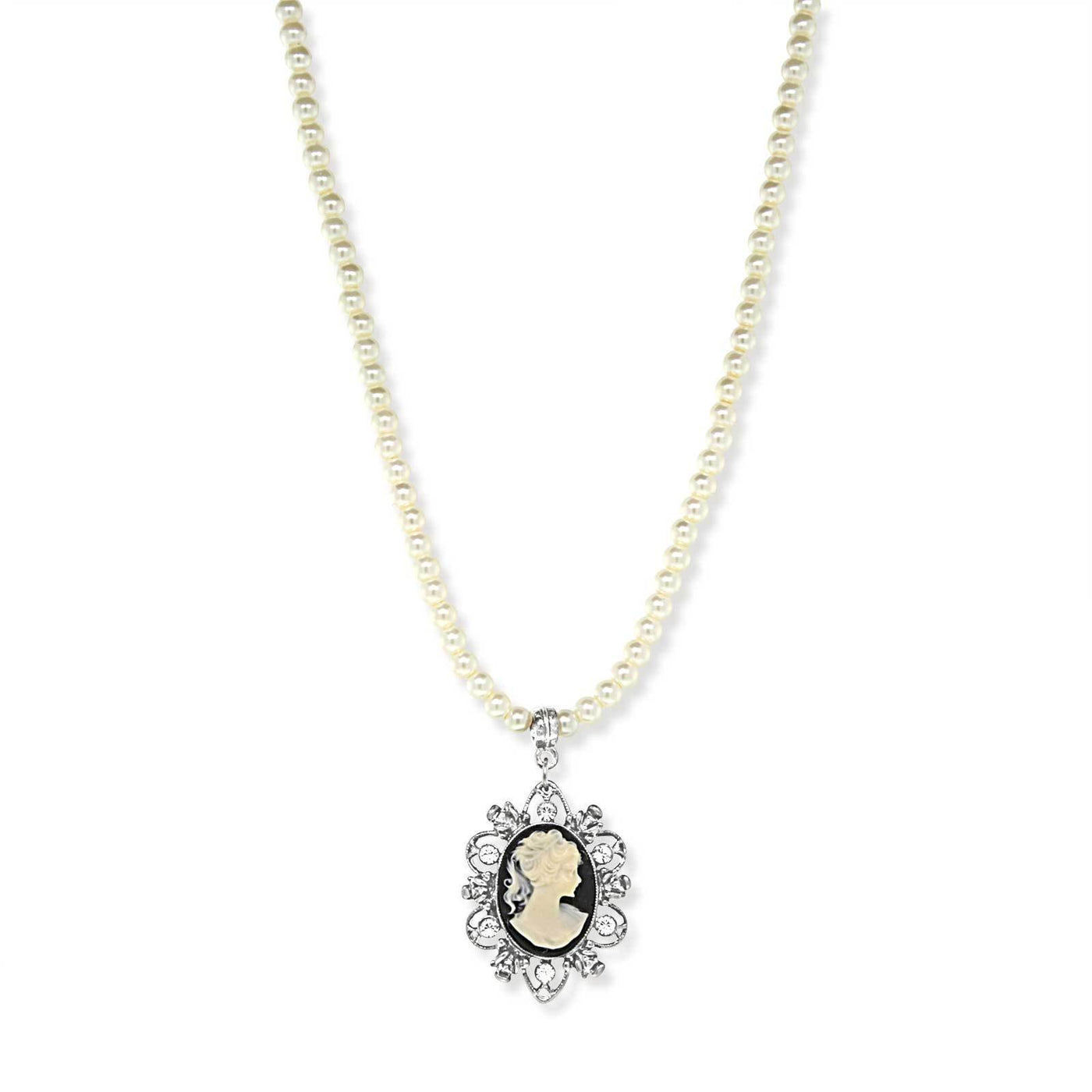 Downton Abbey Black Oval Cameo Pearl Necklace