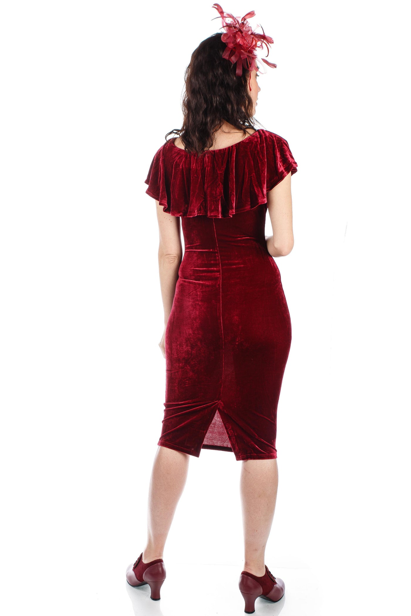 1950s Quinn Ruffled Velvet Wiggle Dress in Burgundy
