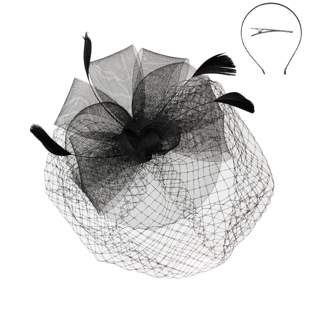1920s Style Mesh Floral Feather Fascinator in Black