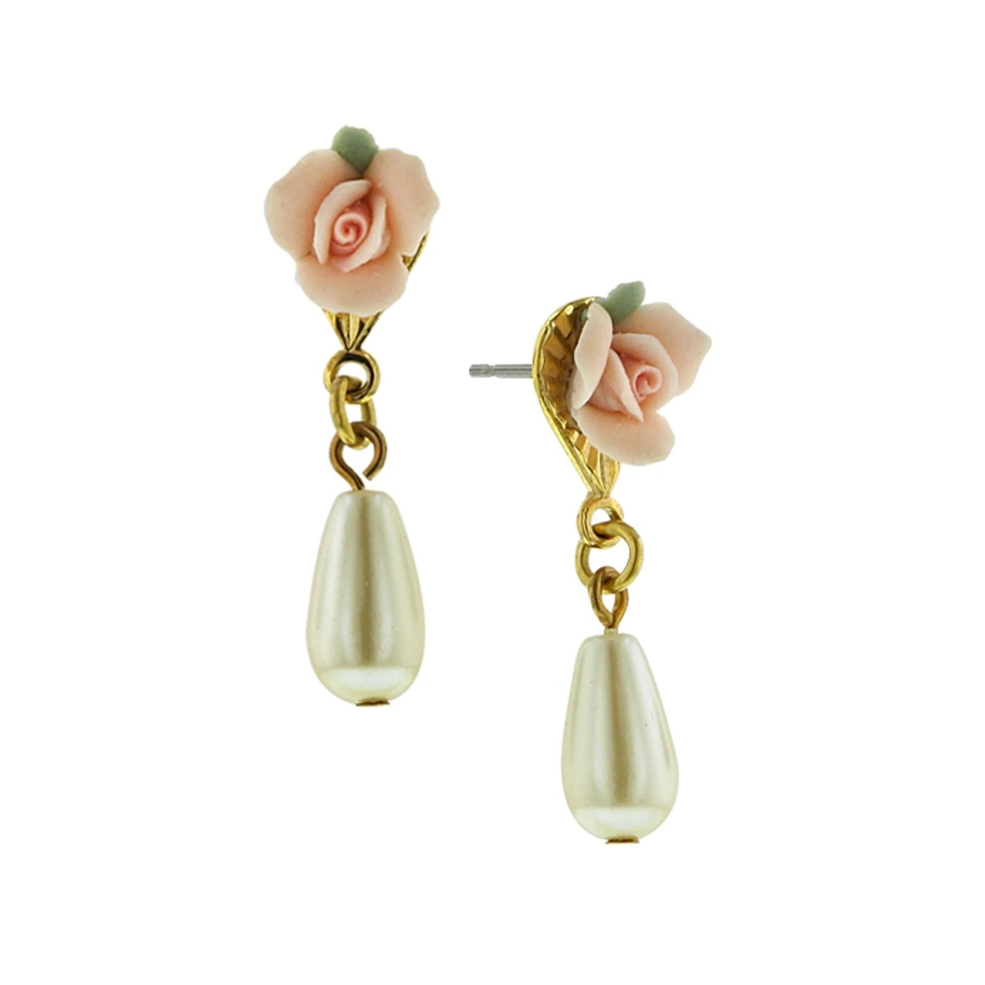 Pink Porcelain Rose Costume Pearl Drop Earrings