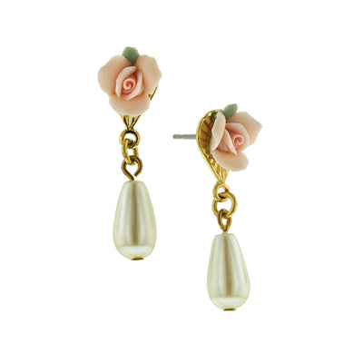Pink Porcelain Rose Costume Pearl Drop Earrings