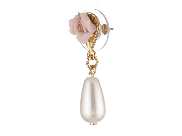 Pink Porcelain Rose Costume Pearl Drop Earrings