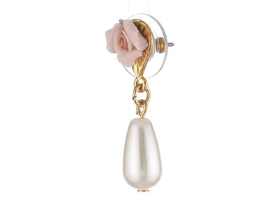 Pink Porcelain Rose Costume Pearl Drop Earrings