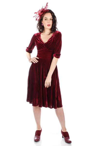 1950s Jazzy Belle Velvet Party Dress in Burgundy