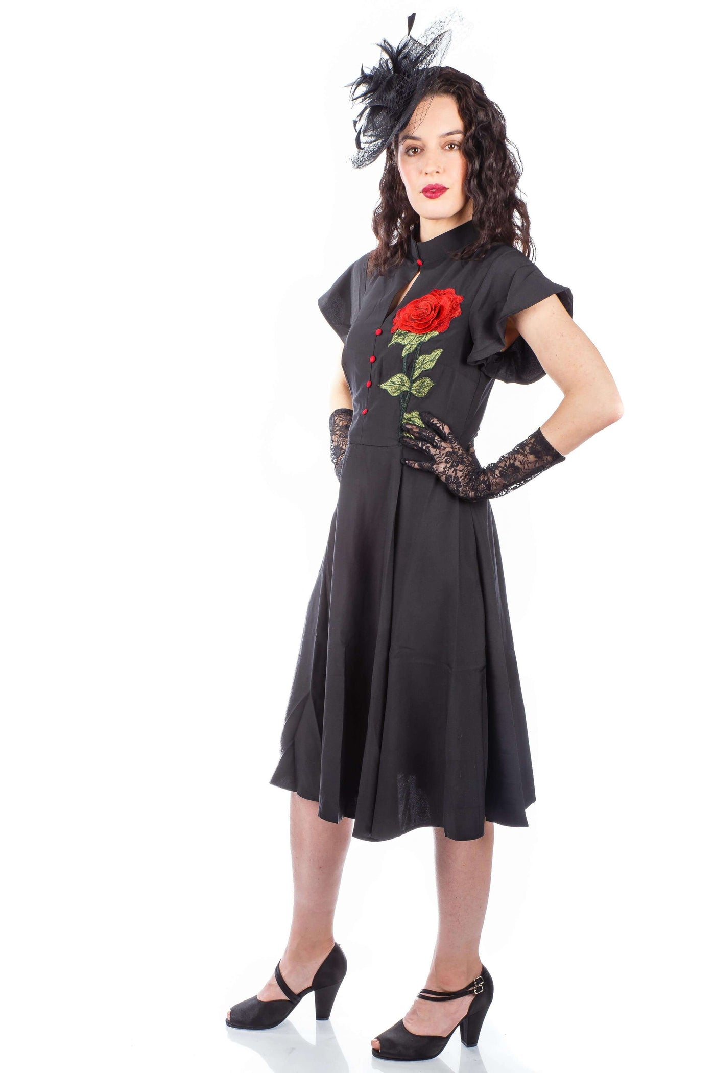 1950s Quinn Red Rose Dress in Black