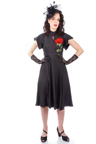 1950s Quinn Red Rose Dress in Black