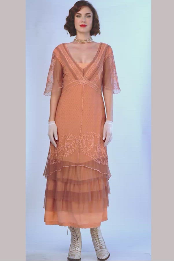 Sylvia 1920s Titanic Style Dress in Grapefruit Rose