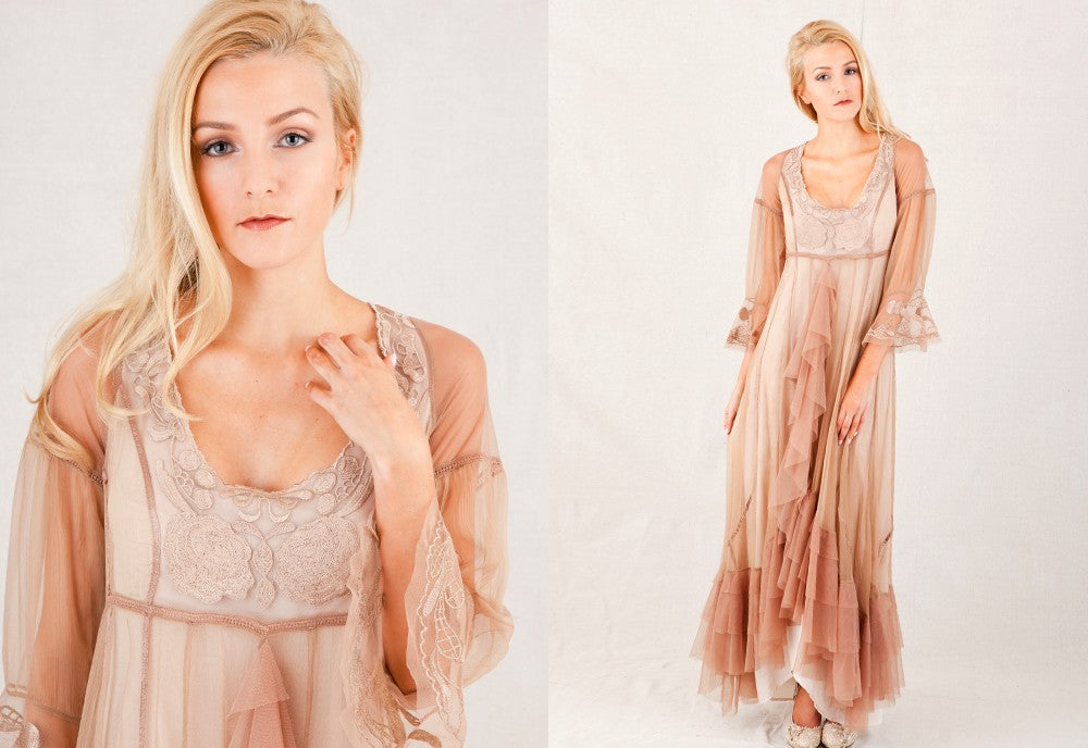 1910's style wedding dresses in beige, vintage style couture wedding dresses in beige