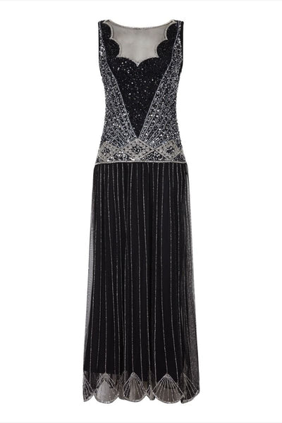 Vintage Inspired Drop Waist Maxi Dress in Black