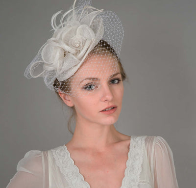 Peach Floral Sinamay Fascinator Headband in White