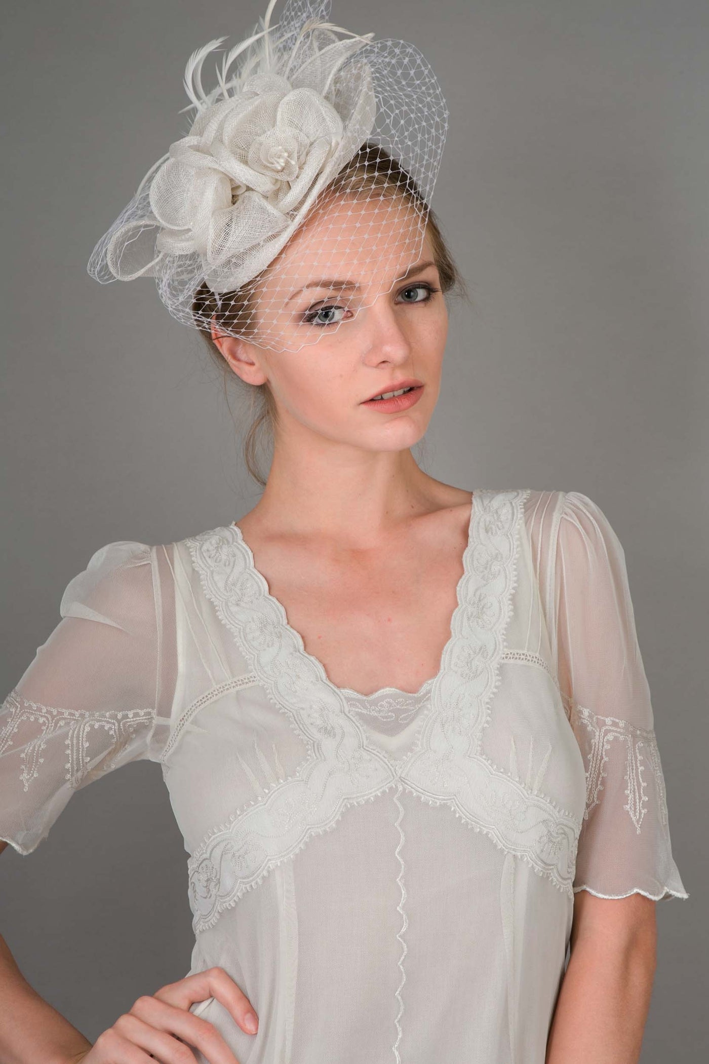 Peach Floral Sinamay Fascinator Headband in White