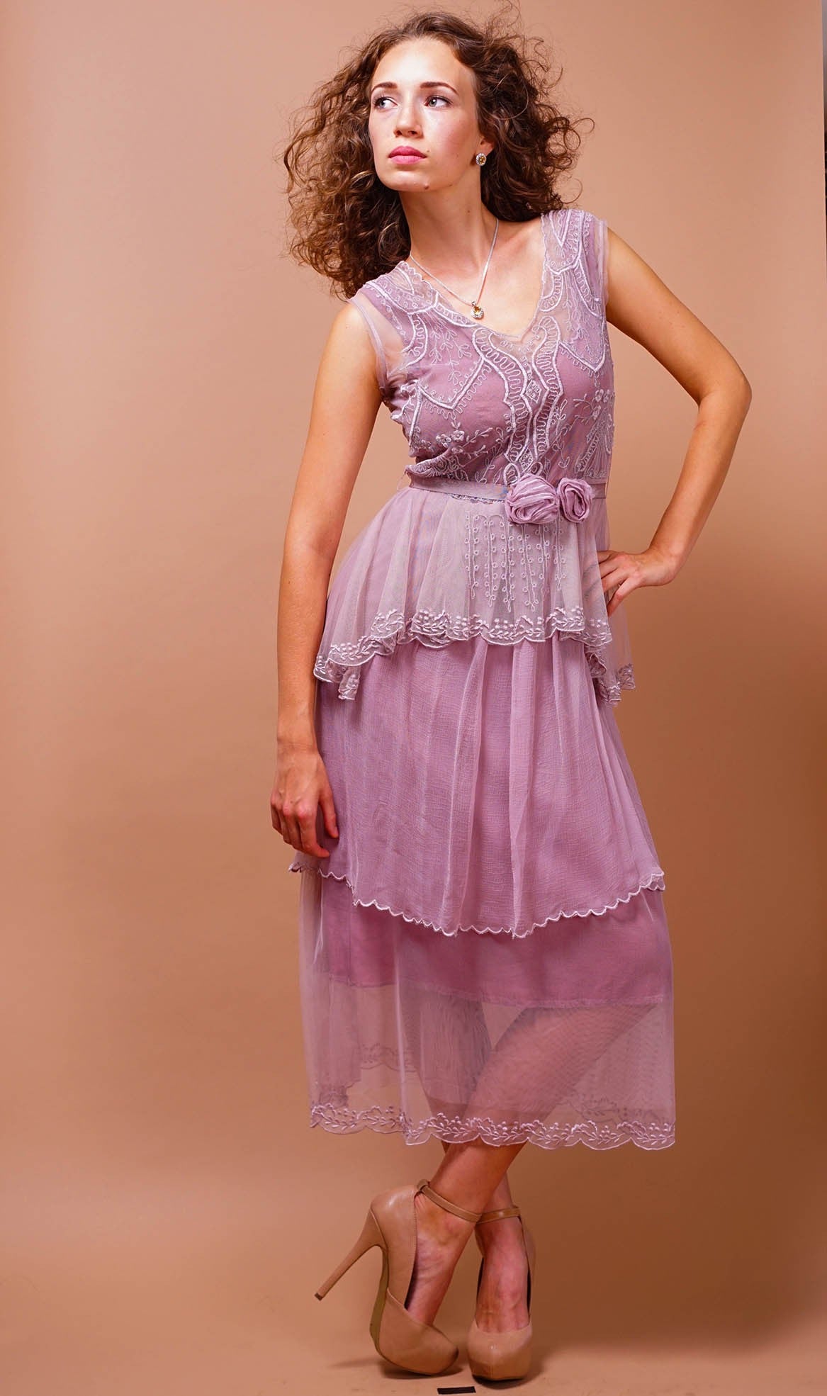Vintage Inspired Tiered Tea Party Dress in Lavender-Rose by Nataya