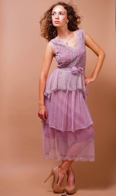 Vintage Inspired Tiered Tea Party Dress in Lavender-Rose by Nataya