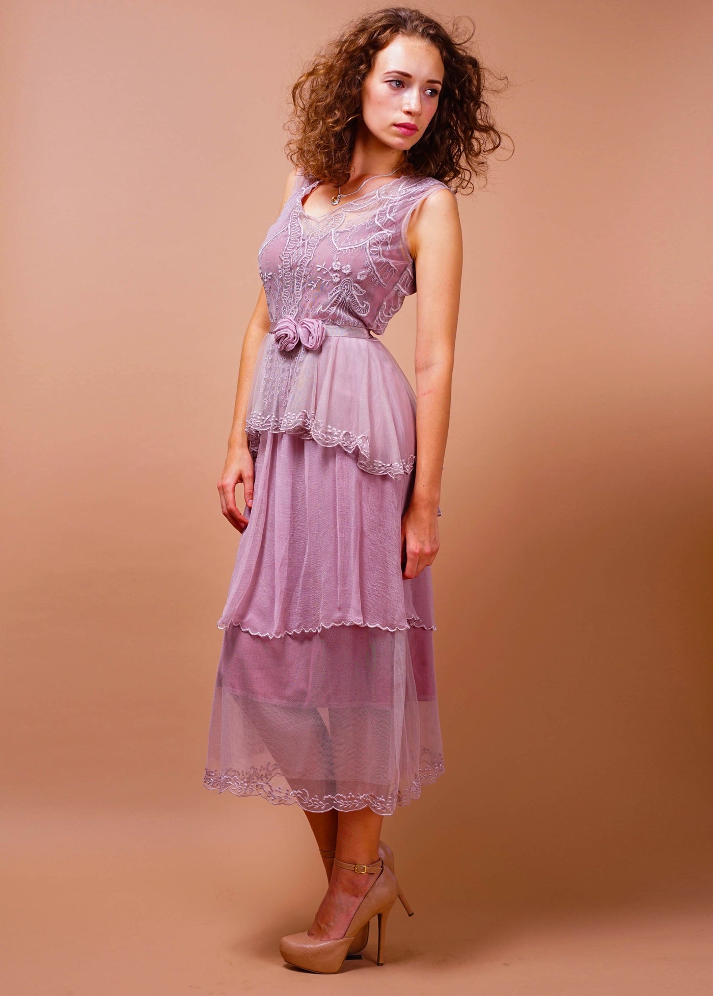 Vintage Inspired Tiered Tea Party Dress in Lavender-Rose by Nataya