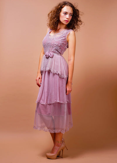 Vintage Inspired Tiered Tea Party Dress in Lavender-Rose by Nataya