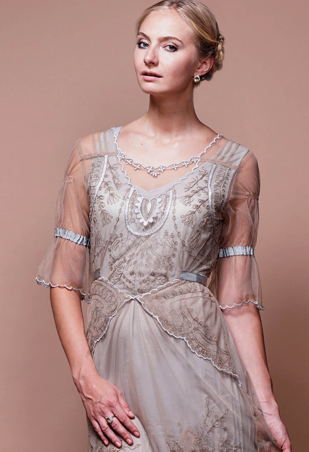Edwardian Vintage Inspired Wedding Dress in Sand-Silver by Nataya
