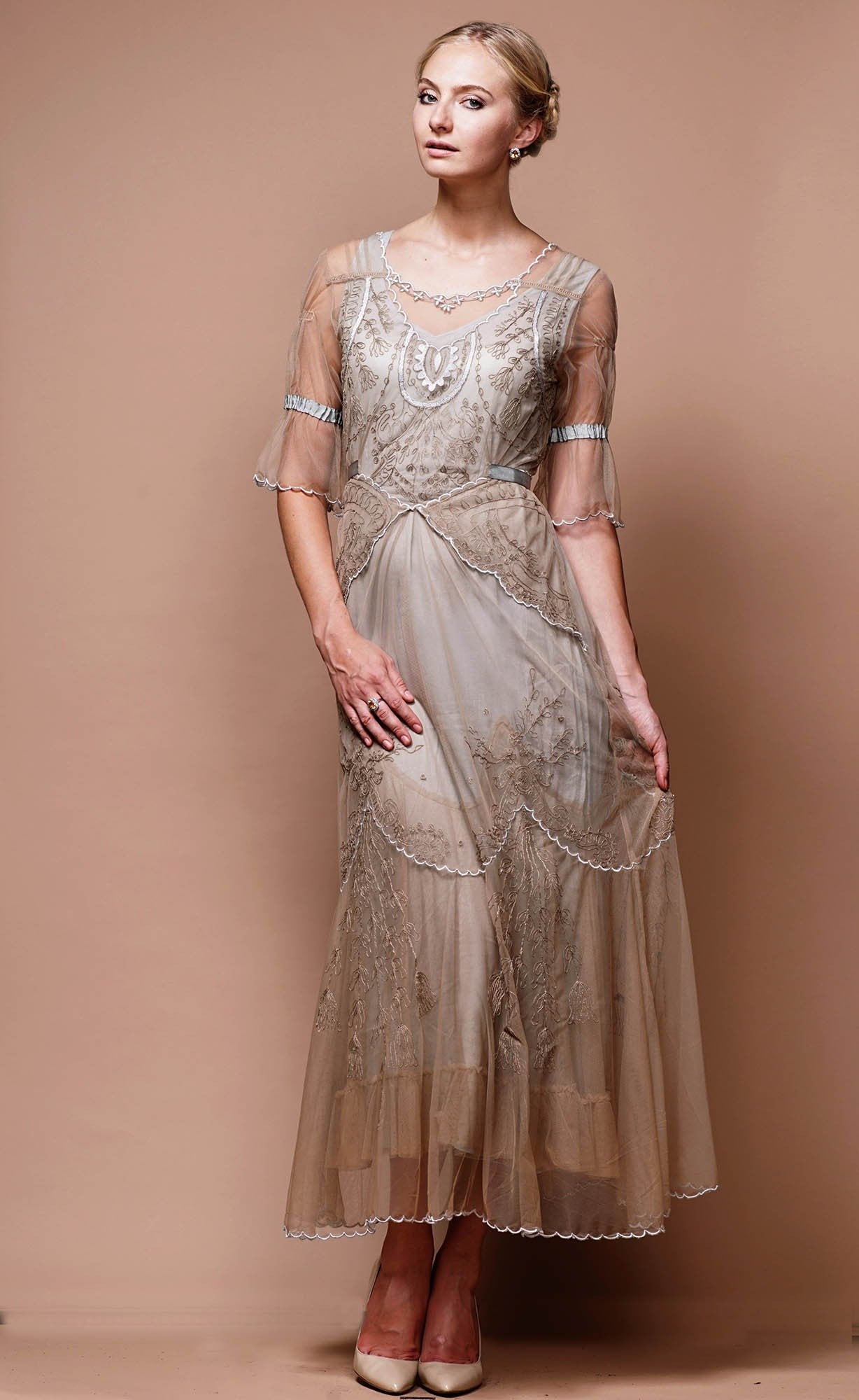 Edwardian Vintage Inspired Wedding Dress in Sand-Silver by Nataya - SOLD OUT