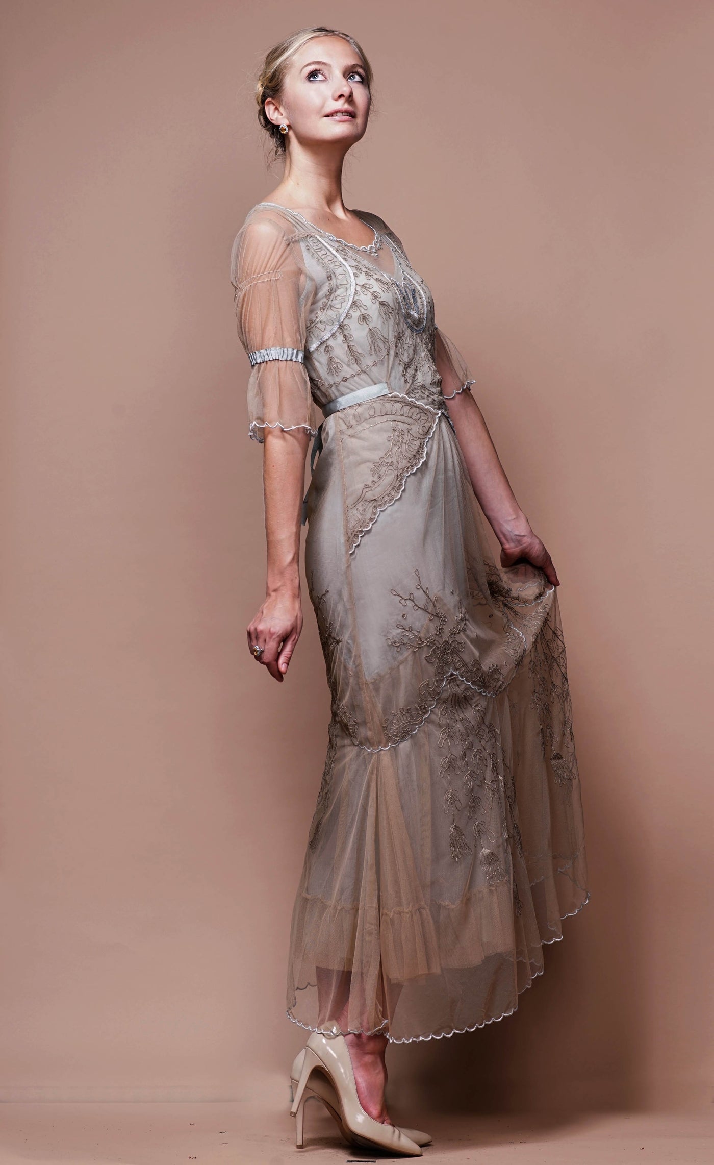 Edwardian Vintage Inspired Wedding Dress in Sand-Silver by Nataya
