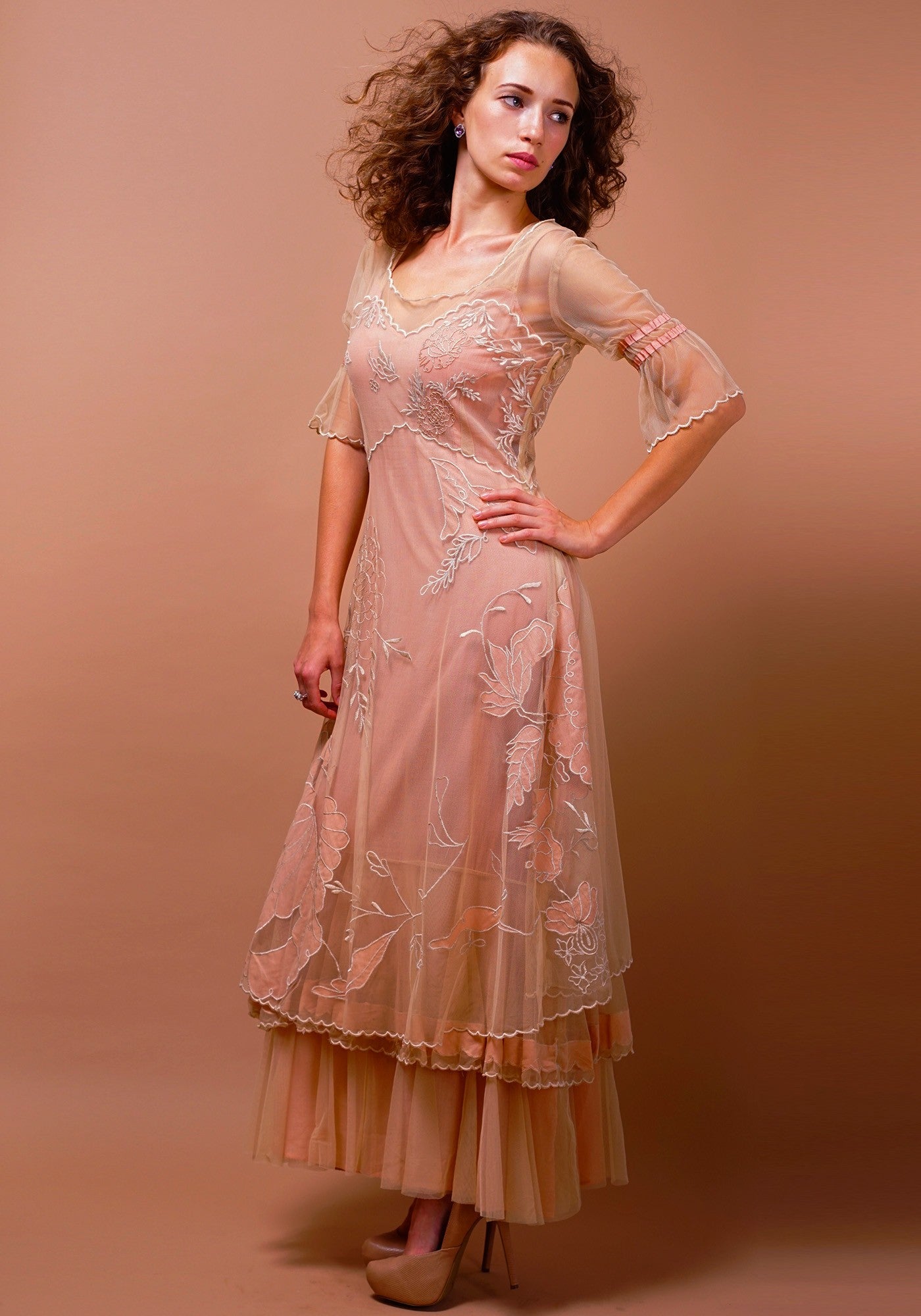 Titanic Tiered Vintage Wedding Dress in Pink-Champagne by Nataya
