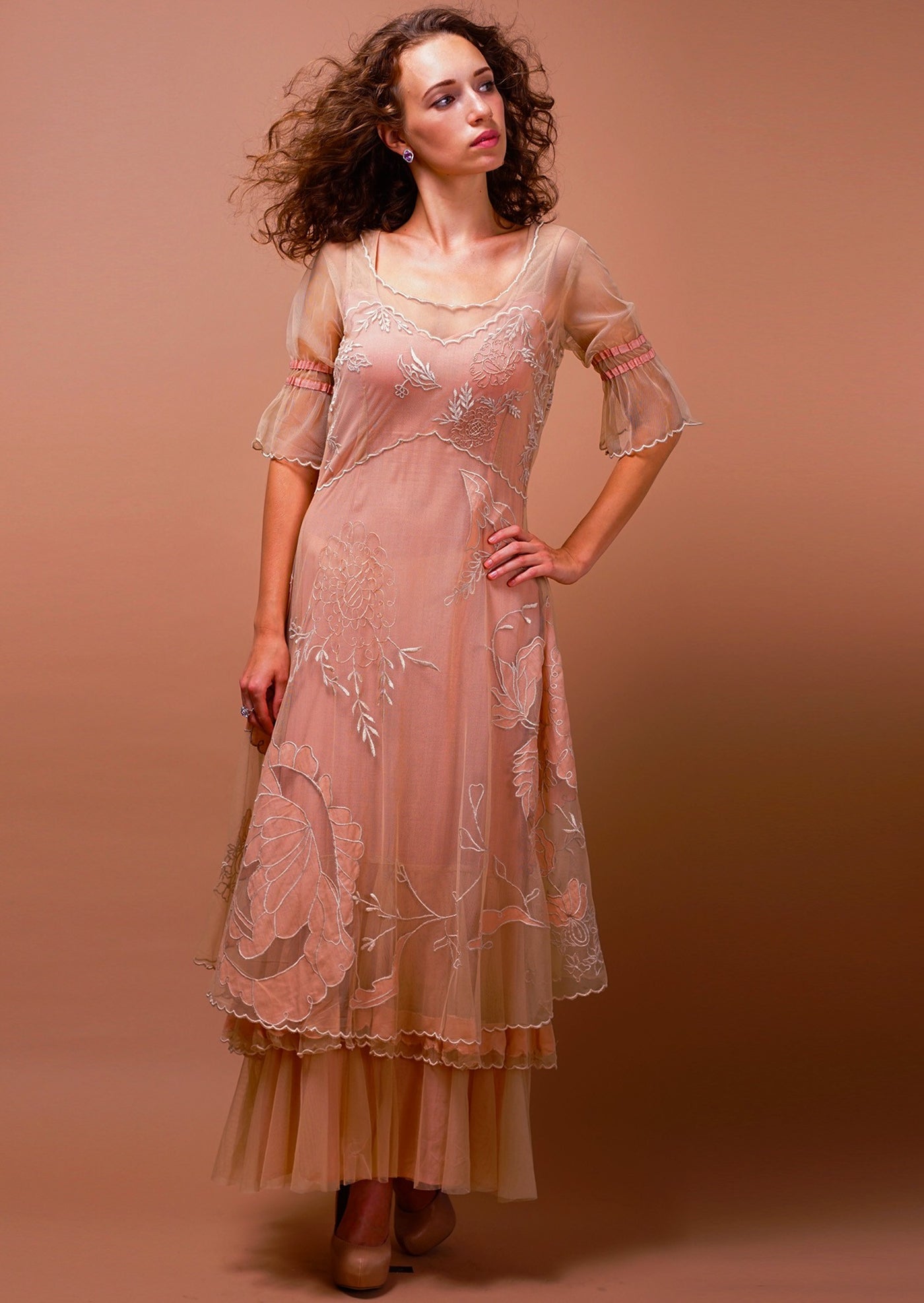 Titanic Tiered Vintage Wedding Dress in Pink-Champagne by Nataya