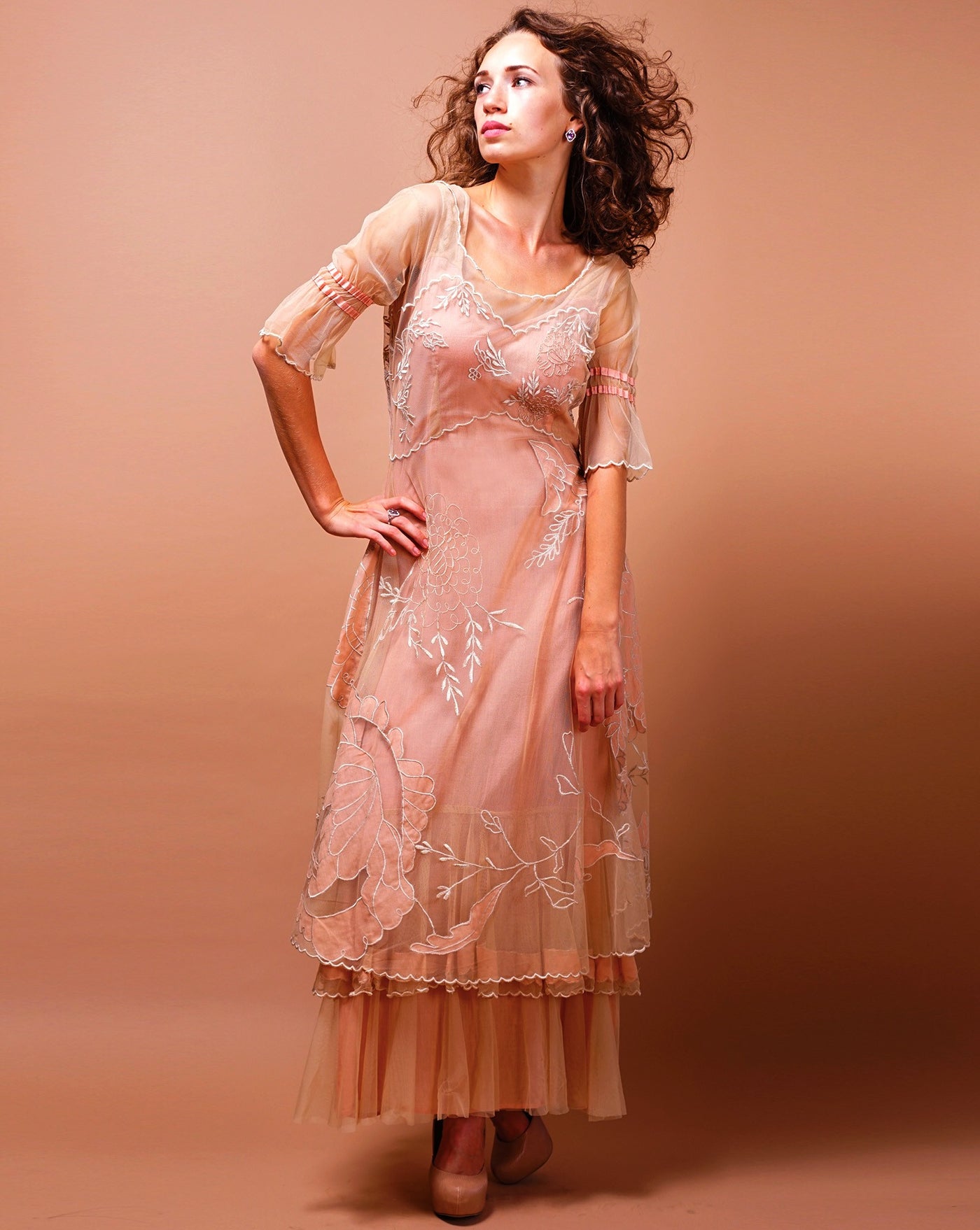 Titanic Tiered Vintage Wedding Dress in Pink-Champagne by Nataya