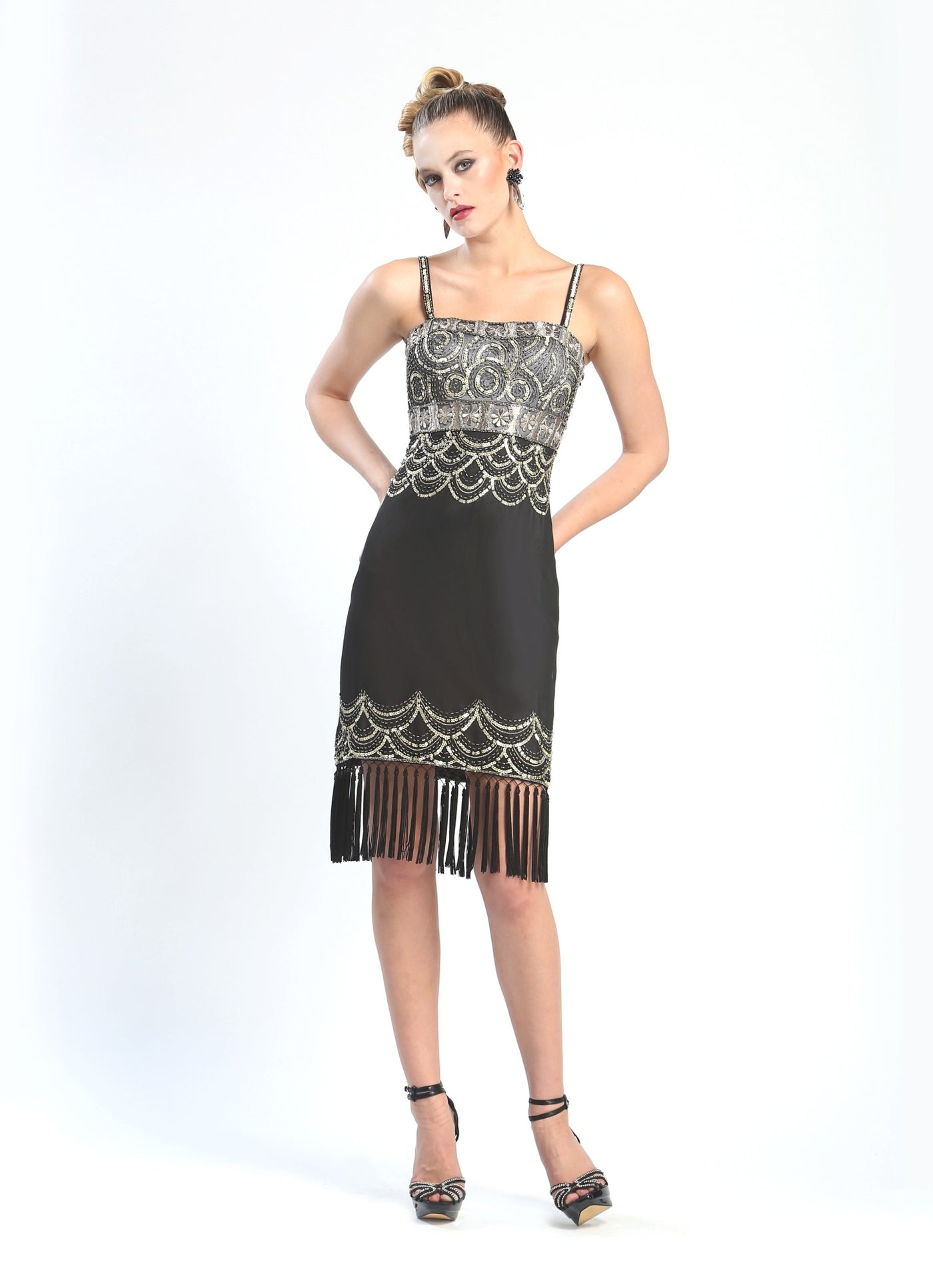 Beaded Fringe Hem Party Dress in Black Platinum by Sue Wong