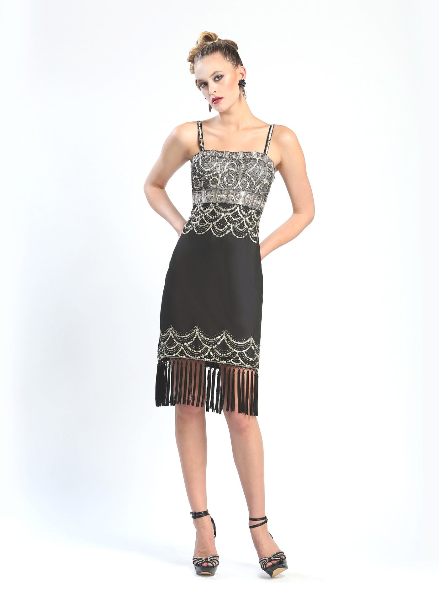 Beaded Fringe Hem Party Dress in Black Platinum by Sue Wong - SOLD OUT